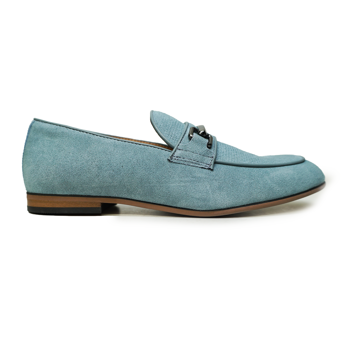 Faranzi men's powder blue suede bit loafers with gunmetal horsebit