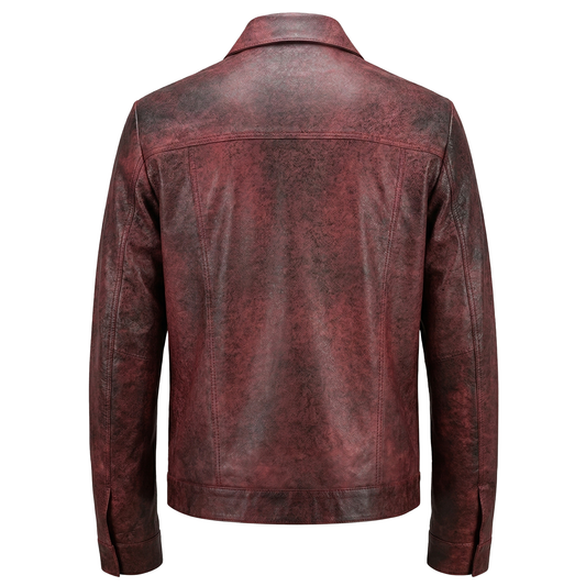 Kashani ID Distressed Burgundy Lightweight Leather Trucker Jacket