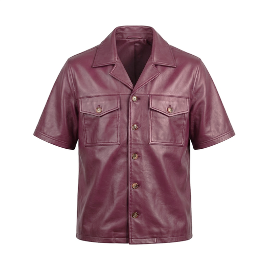 Kashani Burgundy Lambskin Leather Cuban Collar Shirt