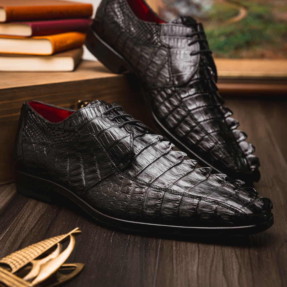 Marco Di Milano Cancun Black Caiman Crocodile Tail Dress Shoes - Dudes Boutique