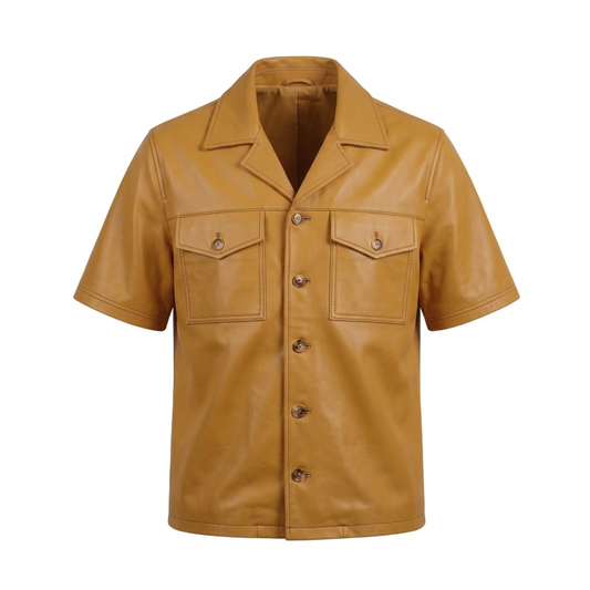 Kashani Caramel Lambskin Leather Cuban Collar Shirt