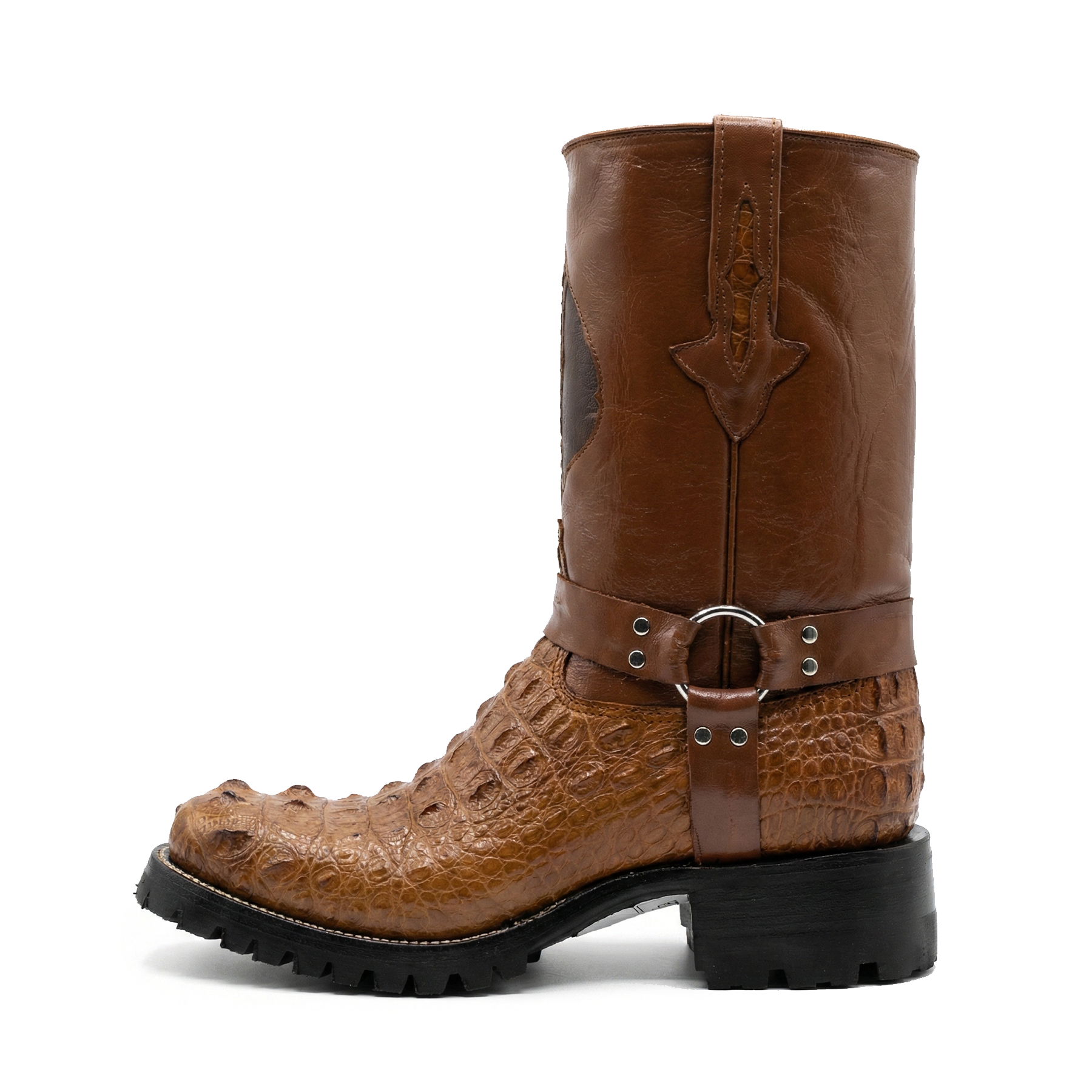 Safari Cognac Nile Crocodile Hornback Harness Biker Boots