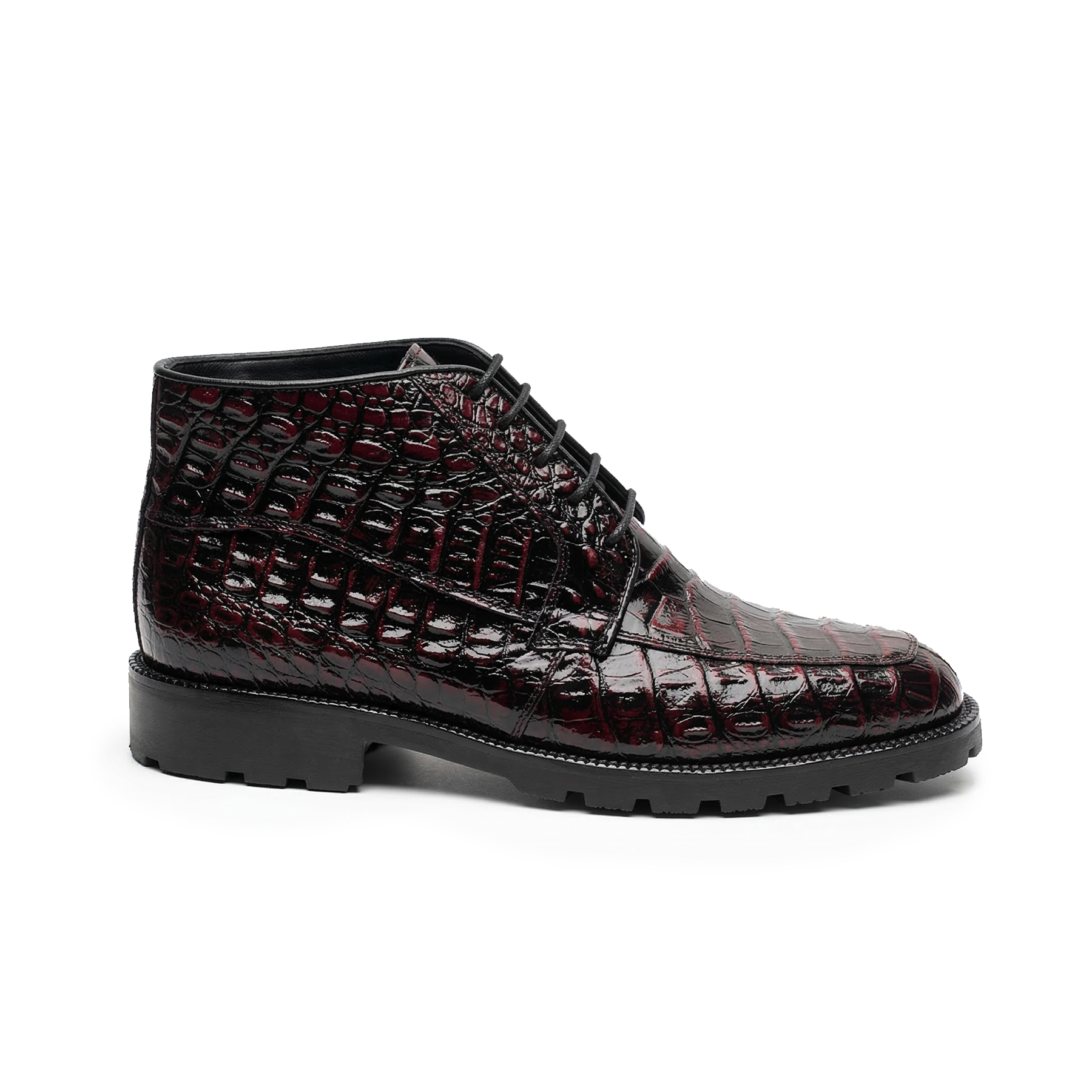 Los Altos Black Cherry All-Over Crocodile Lace Up Ankle Boots