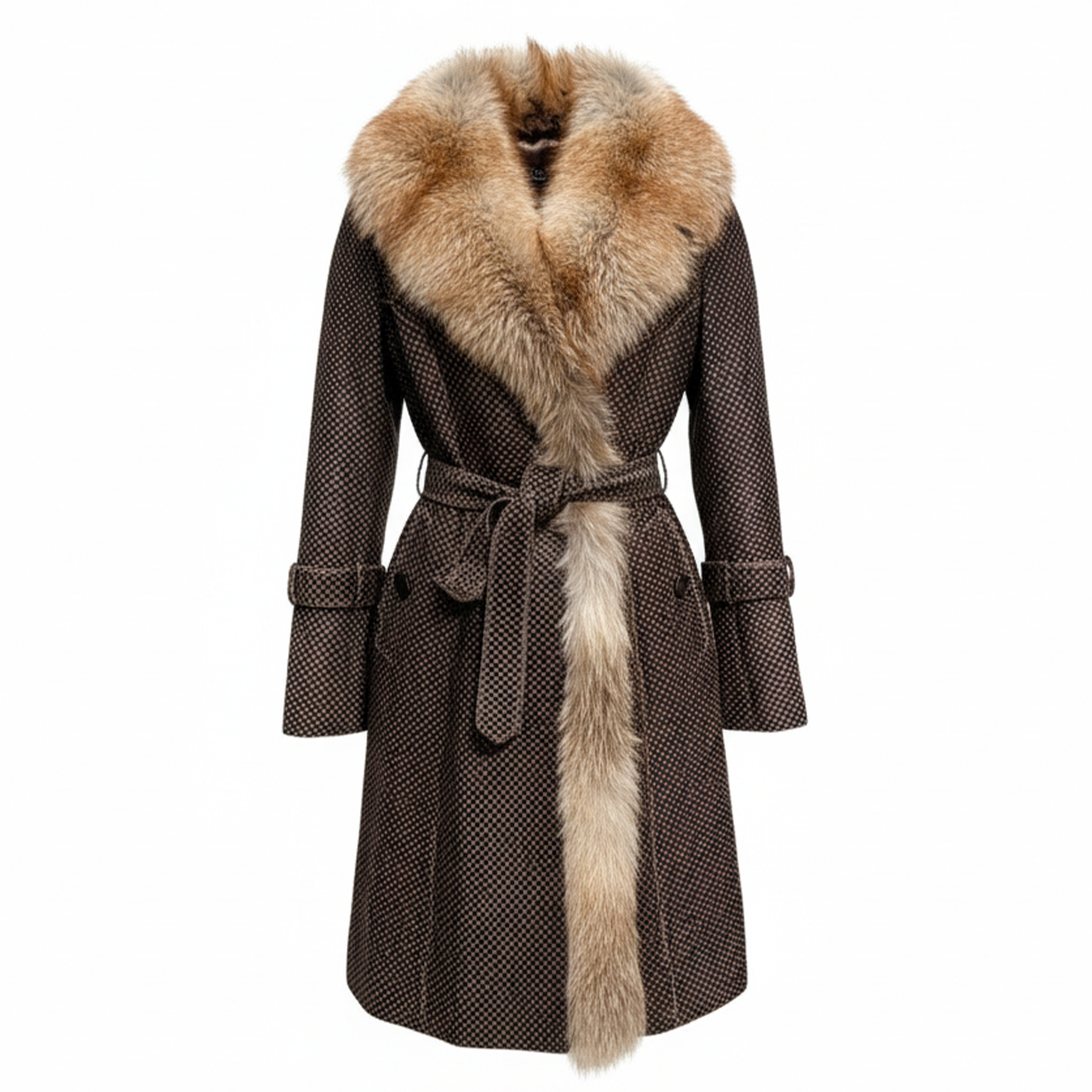 Kashani Women's Brown Checkered Cavalino Pony Hair / Fox Fur Trim Trench Jacket