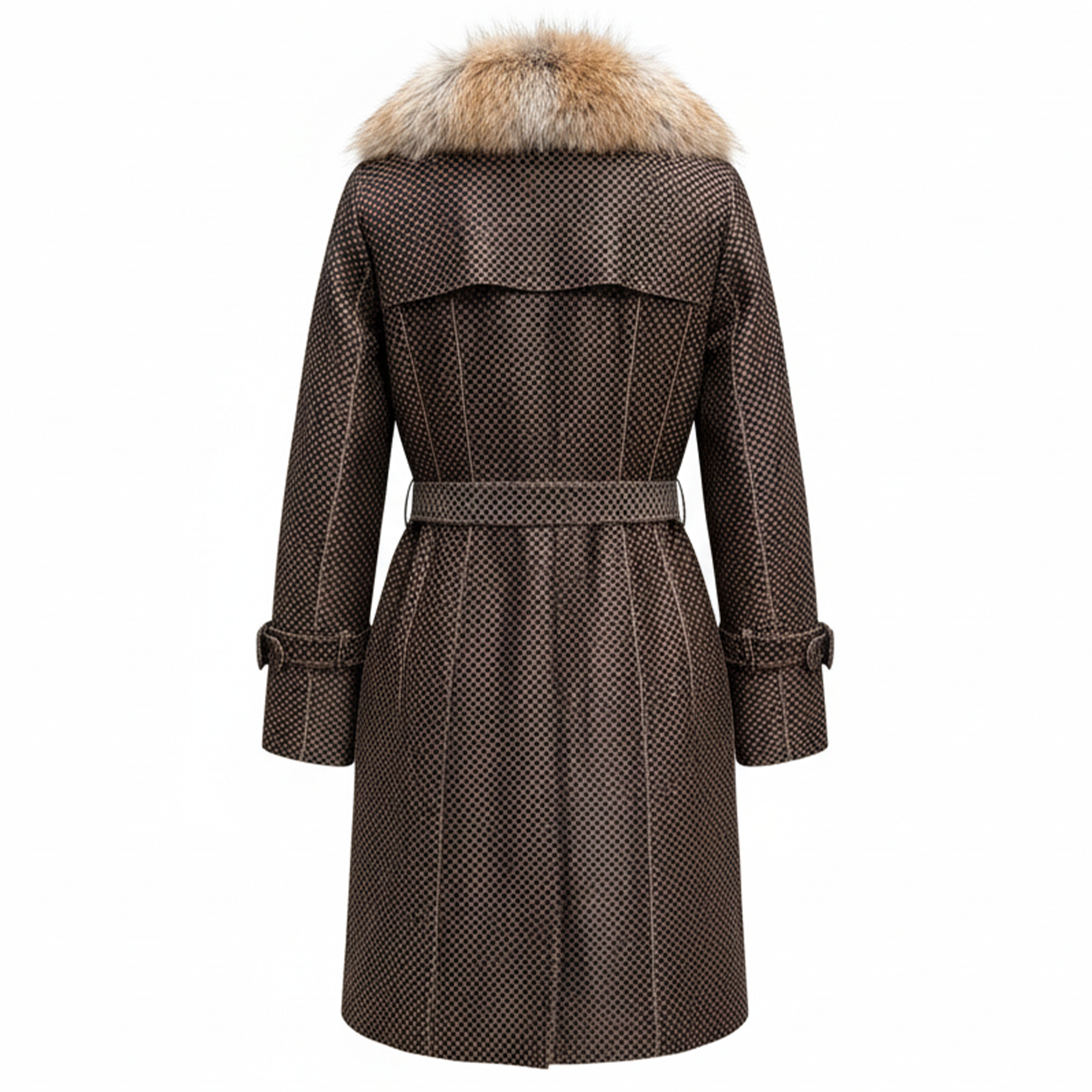 Kashani Women's Brown Checkered Cavalino Pony Hair / Fox Fur Trim Trench Jacket