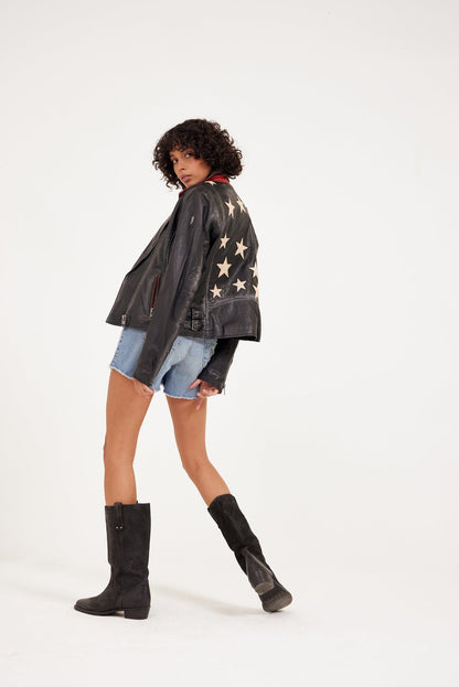 Mauritius Women's Christy RF Star Detail Leather Jacket, Vintage Black - Dudes Boutique