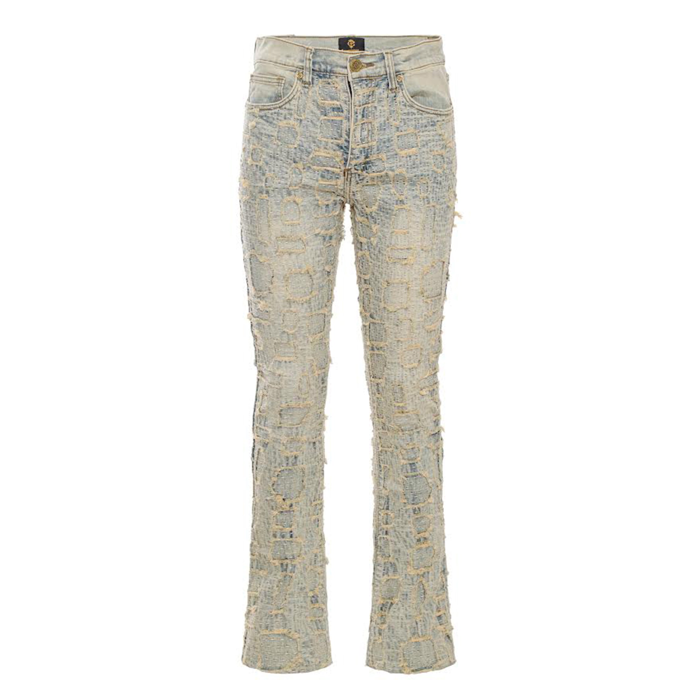 Patchwork Distressed Denim Jeans - Century Penthouse TAN