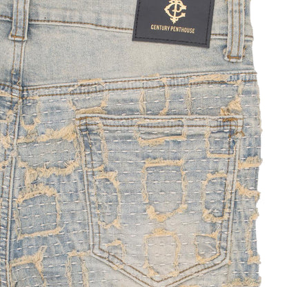 Patchwork Distressed Denim SET - TAN