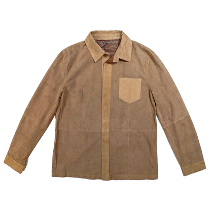 Kashani men's brown perforated suede button up shirt