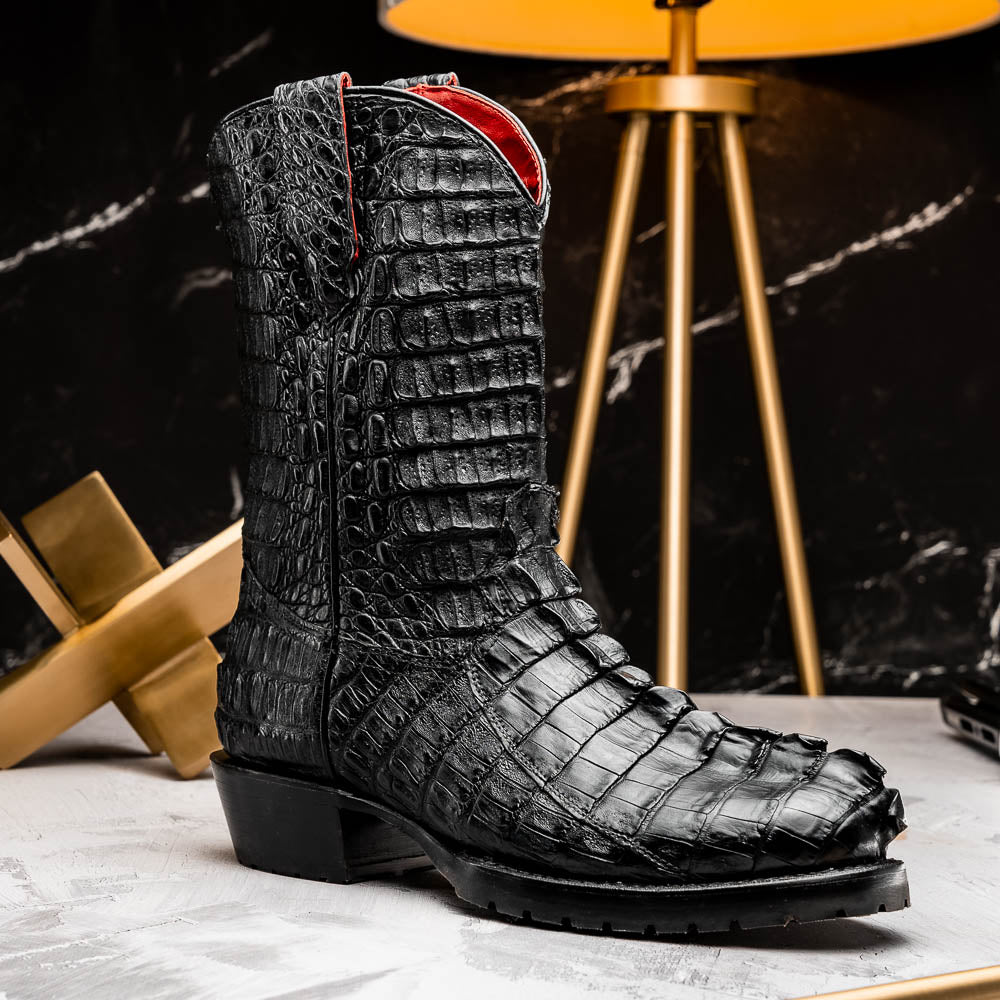 Marco Di Milano Marlboro Black Hornback Crocodile Tail Tractor Sole Cowboy Boots - Dudes Boutique