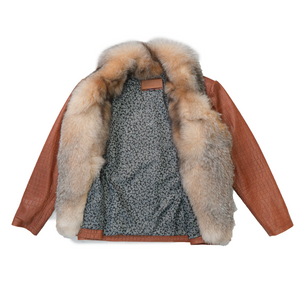 Kashani Fox Fur Collar Embossed Alligator Lambskin Jacket - Cognac - Dudes Boutique