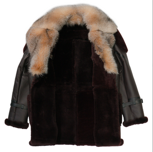 Kashani Red Fox Collar Burgundy Outlined 3/4 Shearling Coat - Dudes Boutique