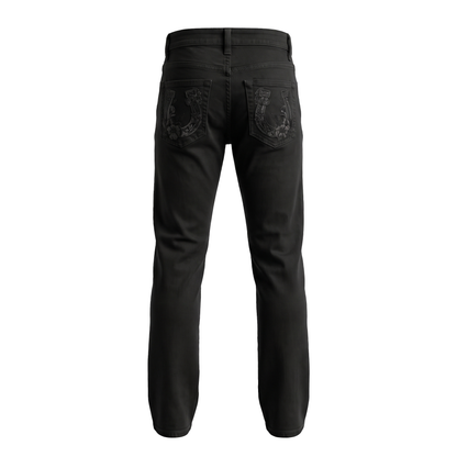 DeNiko Black Embroidered Floral Leather Patch Pocket Jeans