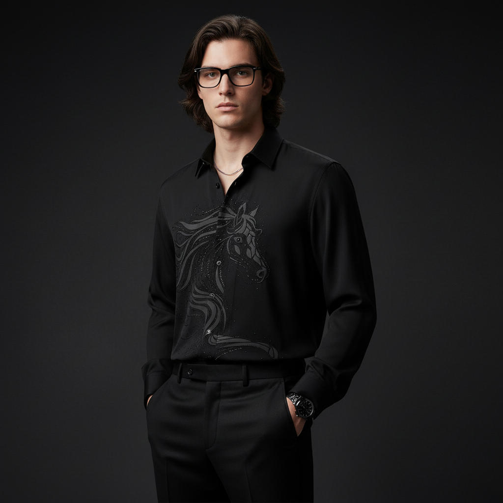Barocco Stallion Embellished LS Shirt BLACK/BLACK