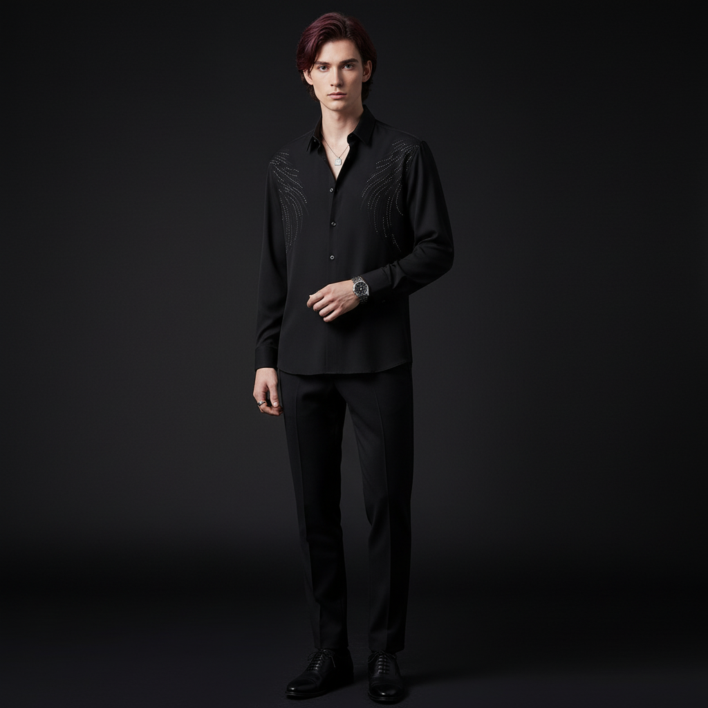 Midnight Wave Embellished LS Shirt BLACK