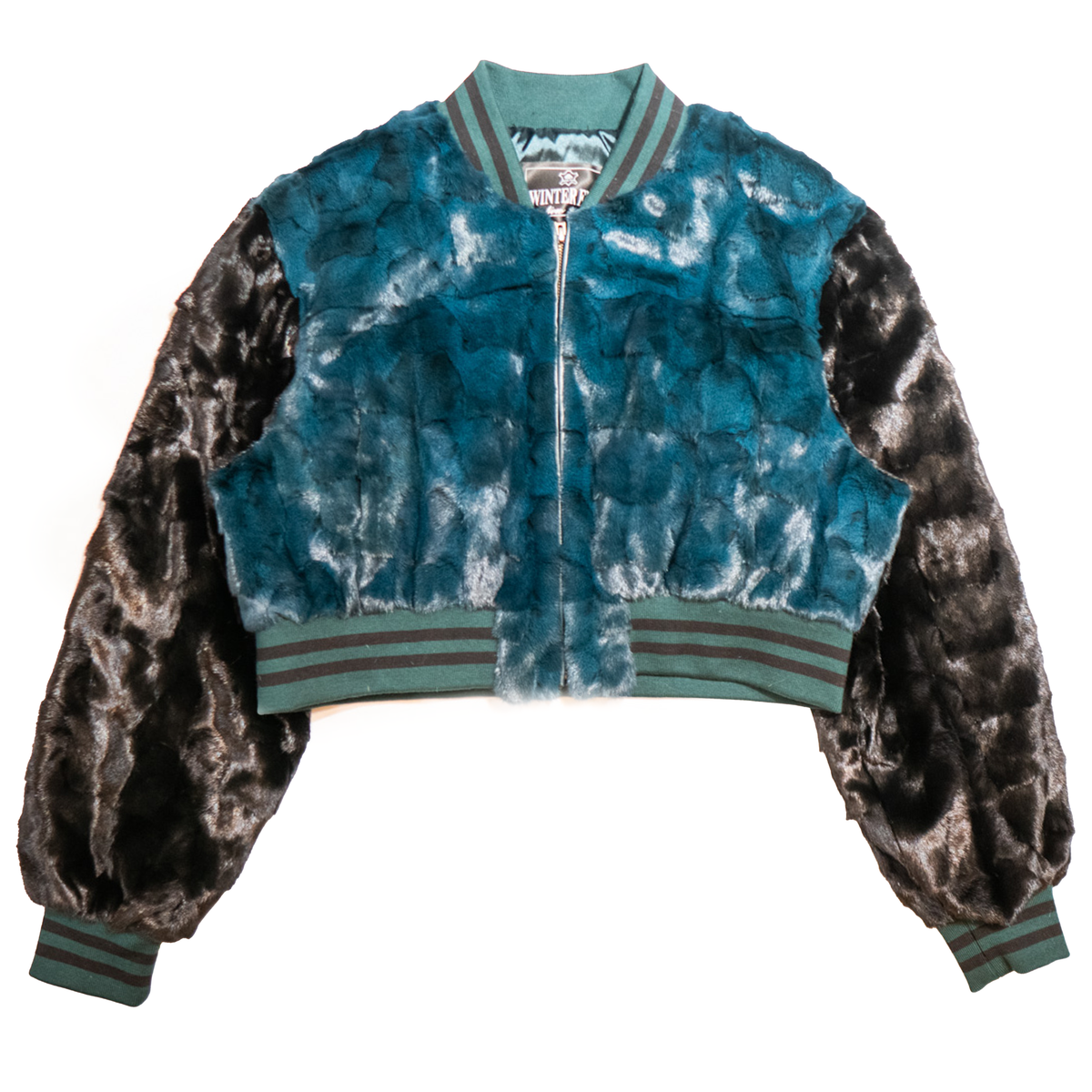 Kashani women's Eagles diamond cut mink cropped bomber jacket, teal, silver and brown
