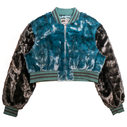 Kashani women's Eagles diamond cut mink cropped bomber jacket, teal, silver and brown