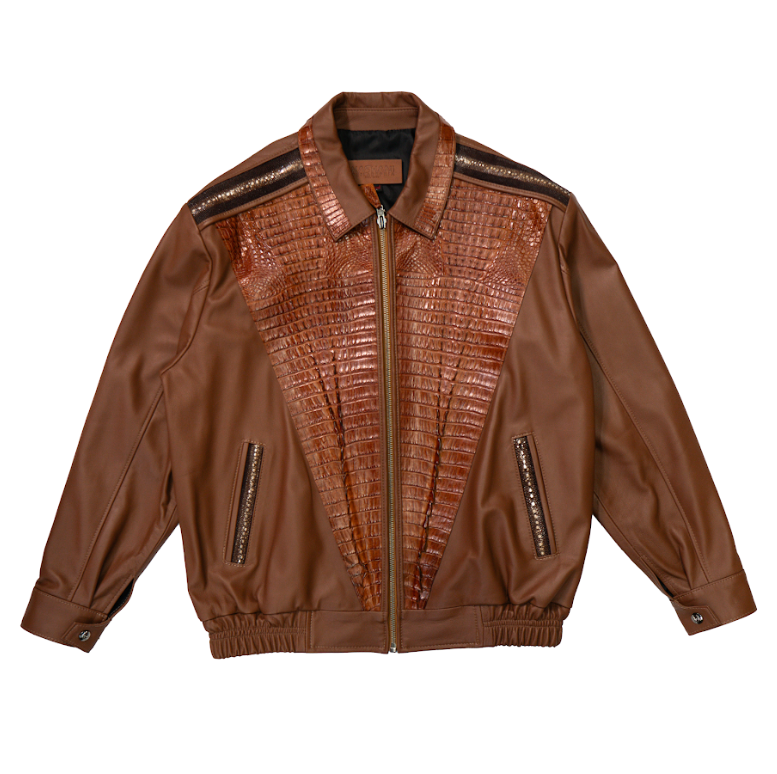 Kashani Cognac Stingray / Alligator Tail Lined Lambskin Bomber Jacket - Dudes Boutique