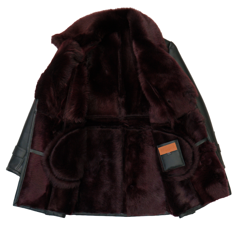 Kashani Black / Burgundy Toscana Double Breasted 3/4 Shearling Coat - Dudes Boutique