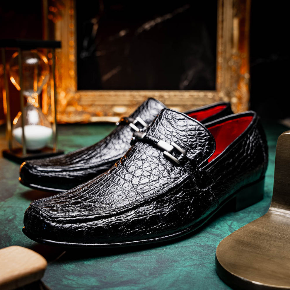 Marco Di Milano Fabro Black Caiman Crocodile Bit Loafers - Dudes Boutique