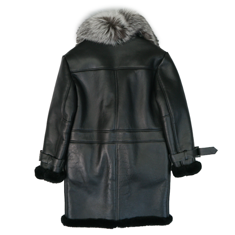 Kashani Silver Fox Fur Black Shearling Trench Coat - Dudes Boutique