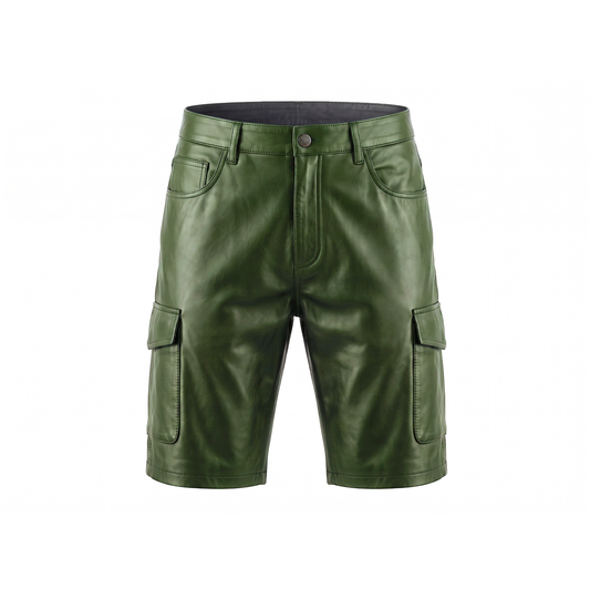 Kashani Forest Green Lambskin Leather Cargo Shorts
