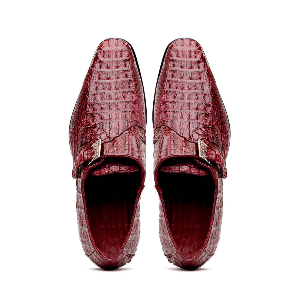 Marco Di Milano Luigi Wine Caiman Crocodile Monk Strap Dress Shoes - Dudes Boutique