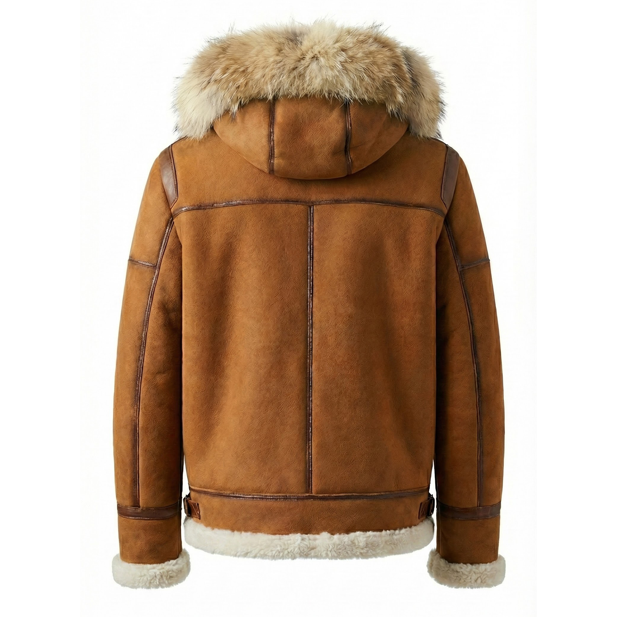 Kashani Cognac Yukon Fox Fur Trim Shearling Coat