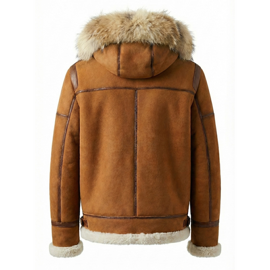 Kashani Cognac Yukon Fox Fur Trim Shearling Coat