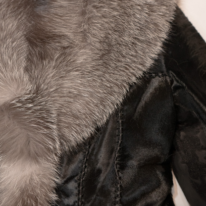 Kashani Women's Black Distressed Pony Hair Silver Fox Fur Trench Coat - Dudes Boutique