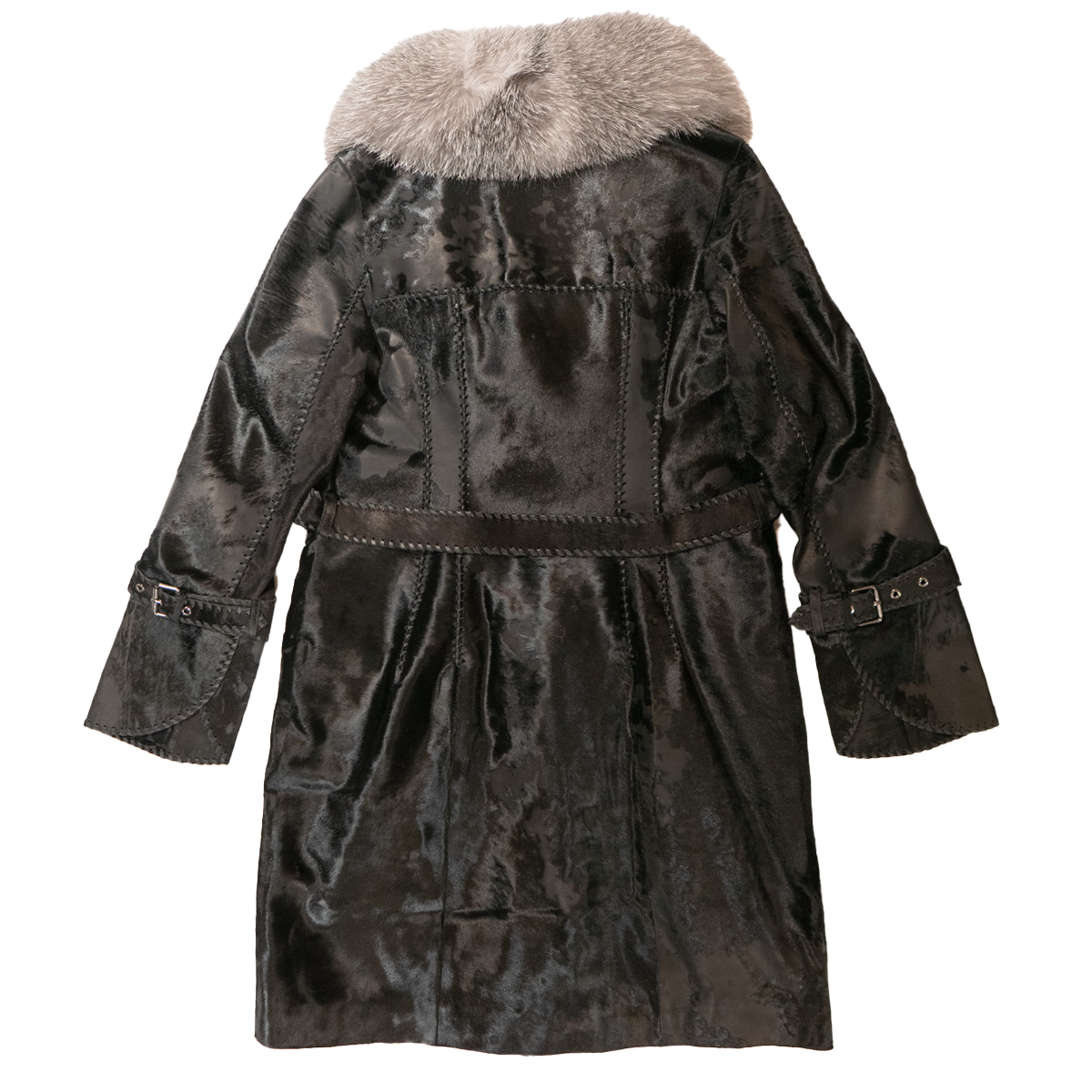 Kashani Women's Black Distressed Pony Hair Silver Fox Fur Trench Coat