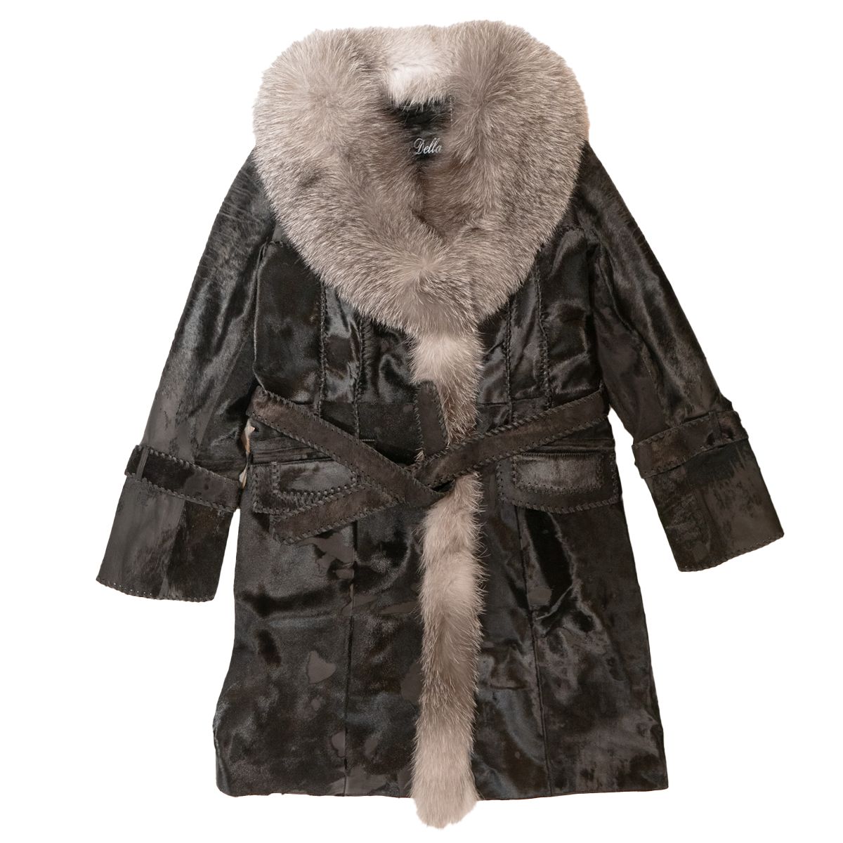 Kashani Women's Black Distressed Pony Hair Silver Fox Fur Trench Coat