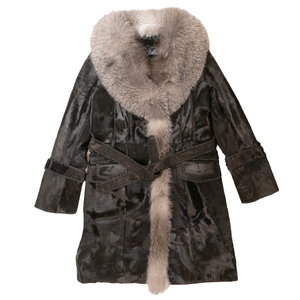 Kashani Women's Black Distressed Pony Hair Silver Fox Fur Trench Coat - Dudes Boutique