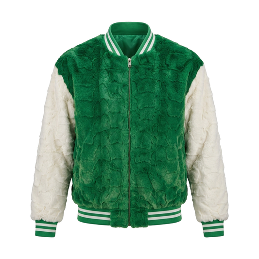 Kashani White/Green Diamond Cut Mink Fur Bomber Jacket