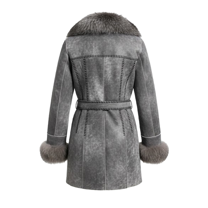 Kashani women's ice gray shearling coat with fox fur trim