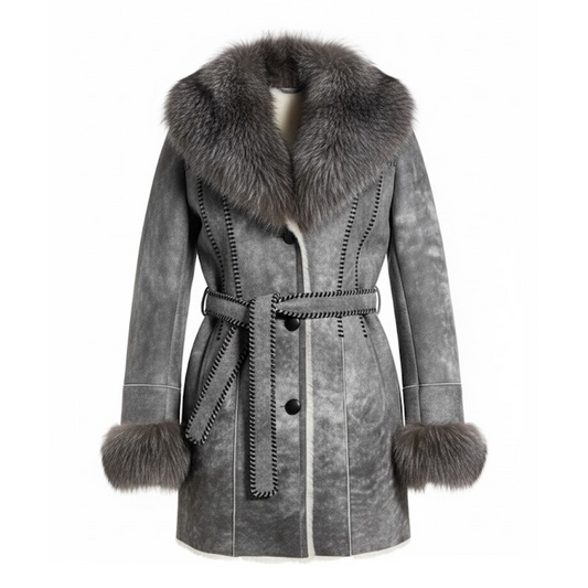 Kashani Women's Ice Gray Fox Fur Trim Shearling