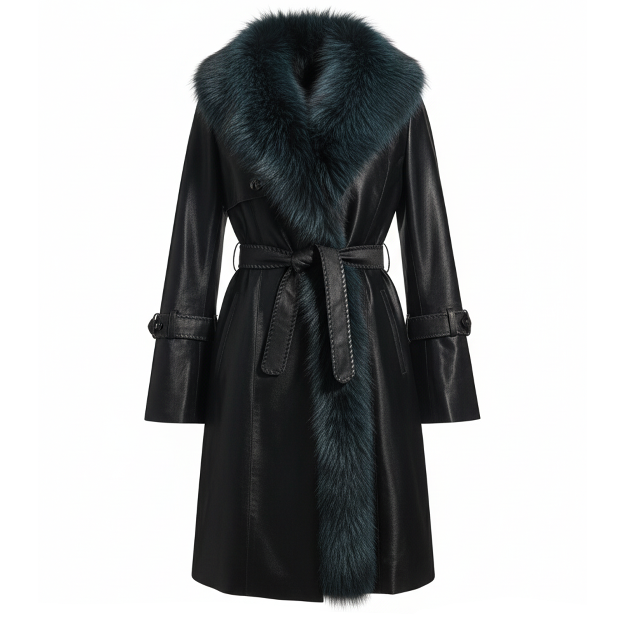 Kashani Women's Green Cavalino Pony Hair / Fox Fur Trim Trench Jacket