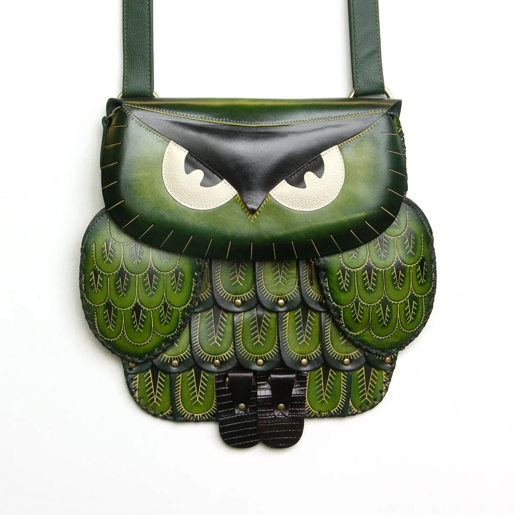 Kashani Handcrafted Leather Green Owl Crossbody Bag