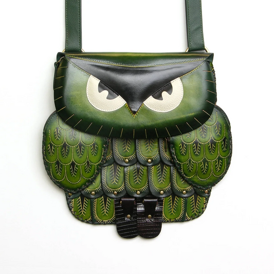 Kashani Handcrafted Leather Green Owl Crossbody Bag