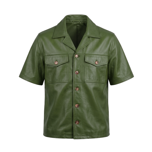 Kashani Forest Green Lambskin Leather Cuban Collar Shirt