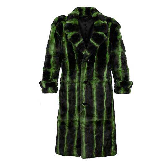 Kashani Men's Green Full Length Rex Rabbit Trench Fur Coat