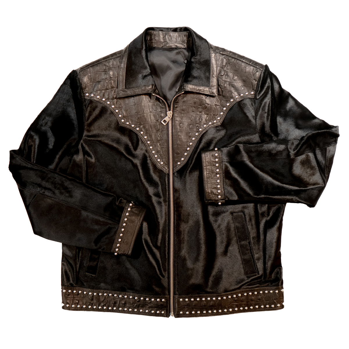 Kashani Black Studded Pony Hair Embossed Alligator Jacket - Dudes Boutique