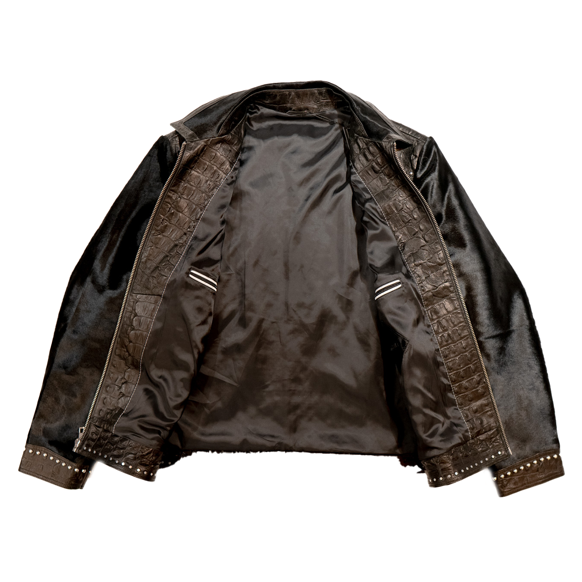 Kashani Black Studded Pony Hair Embossed Alligator Jacket - Dudes Boutique