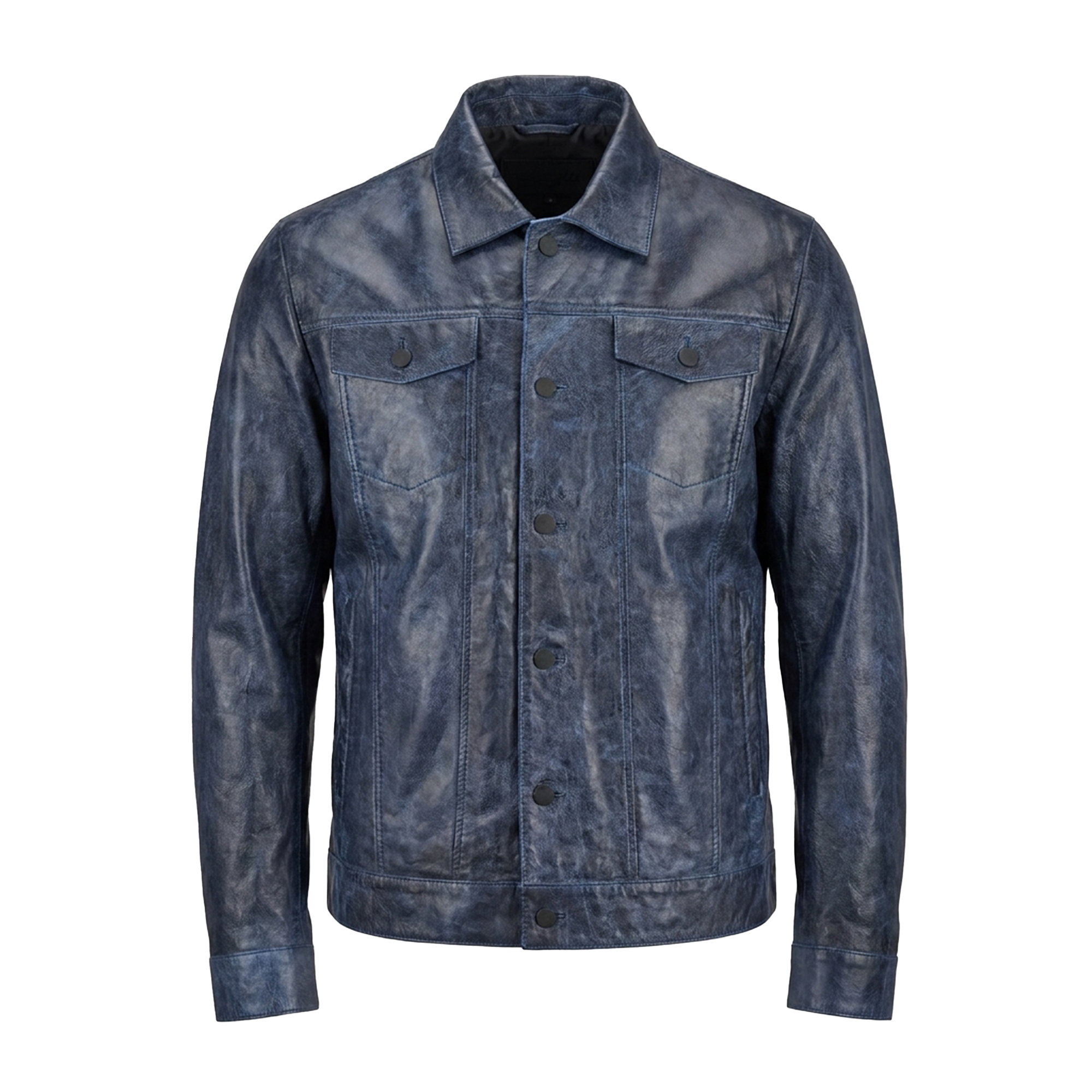Kashani ID Distressed Blue Lightweight Leather Trucker Jacket