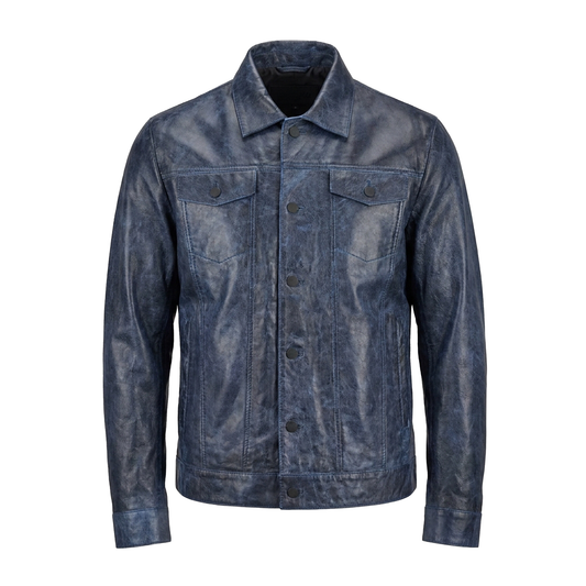 Kashani ID Distressed Blue Lightweight Leather Trucker Jacket