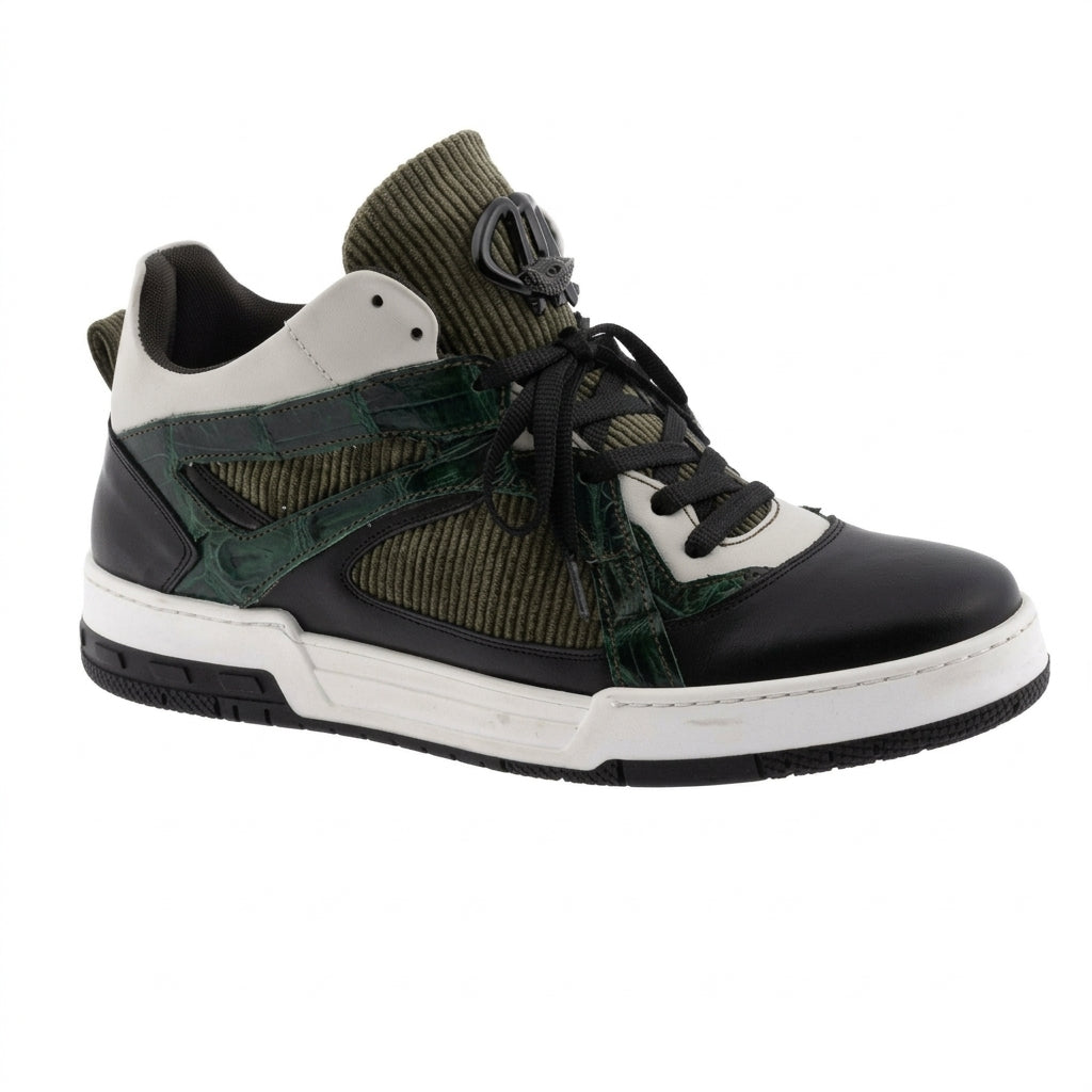Mauri 8452 green nappa leather, baby croc and corduroy sneakers