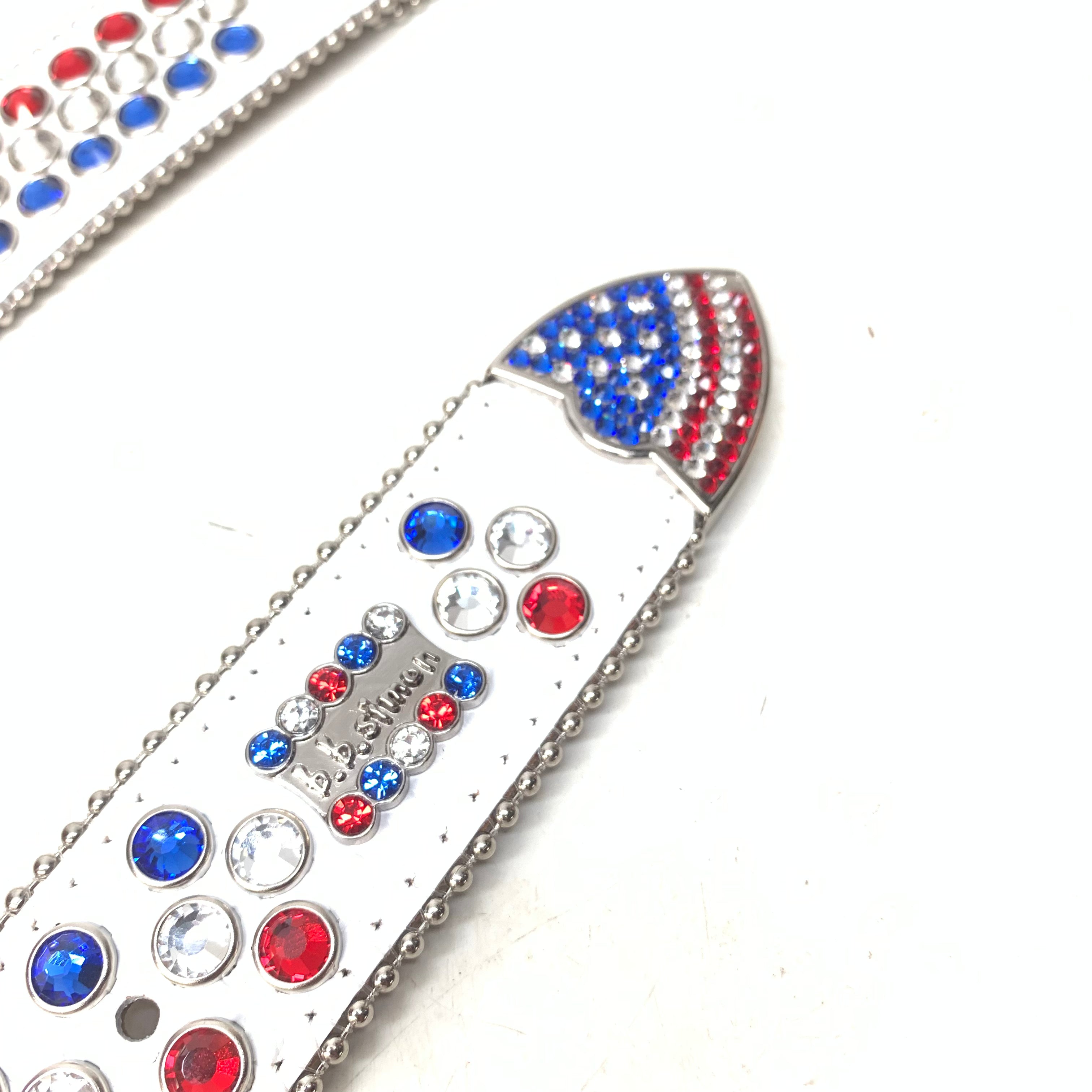 b.b. Simon American Flag White Fully Loaded Crystal Belt - Dudes Boutique