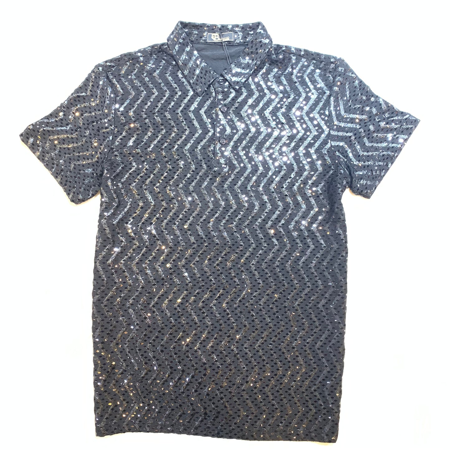 Barocco Jet Black Diamond Sequin Polo Shirt - Dudes Boutique