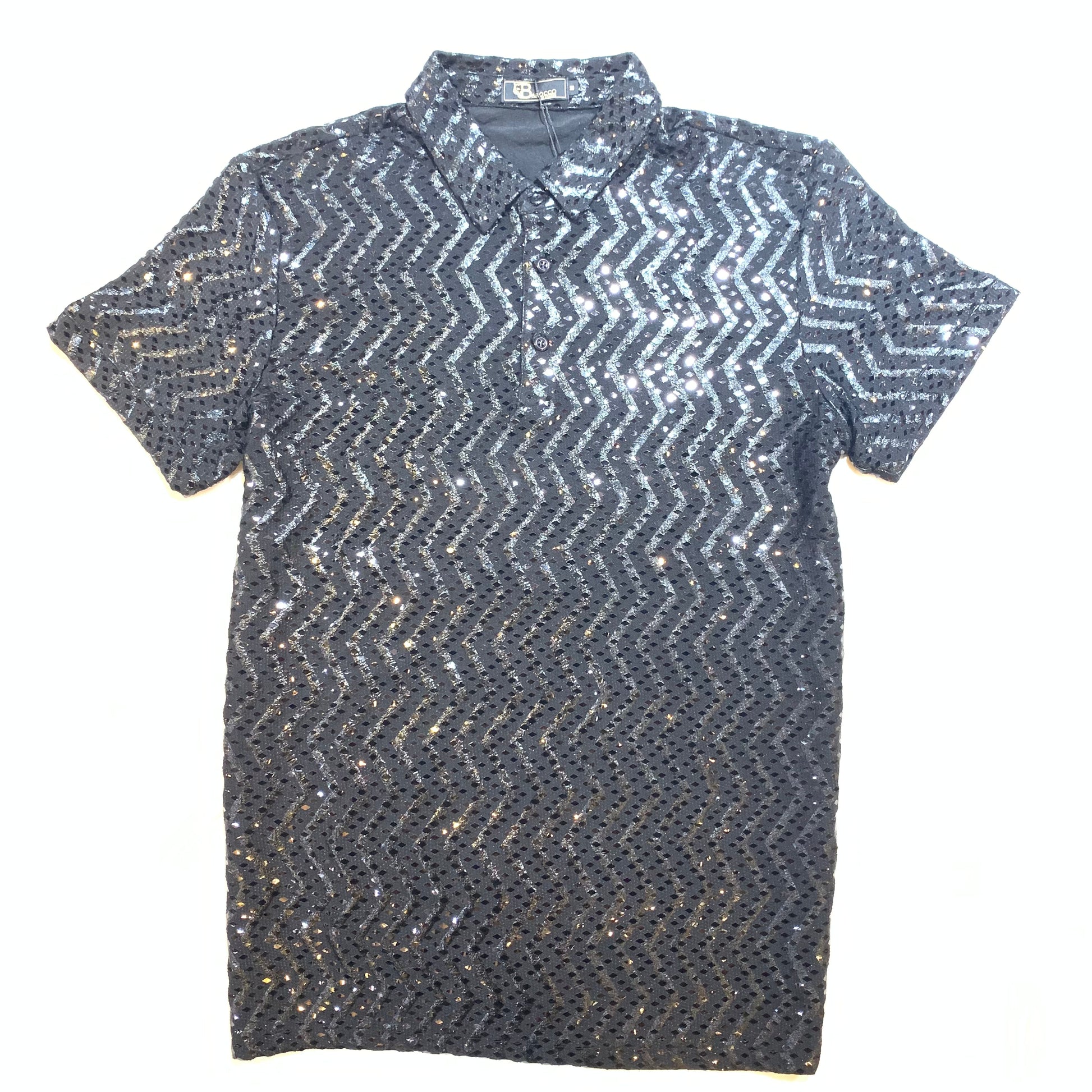 Barocco Jet Black Diamond Sequin Polo Shirt - Dudes Boutique