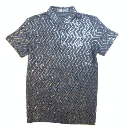 Barocco Jet Black Diamond Sequin Polo Shirt - Dudes Boutique